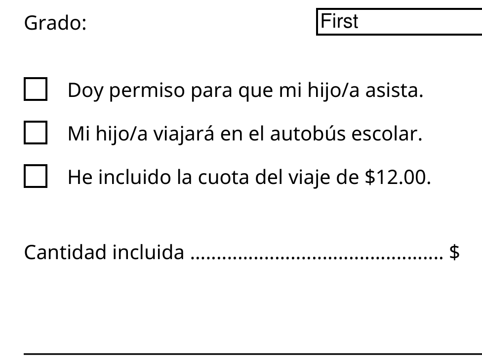 Sample output: the same form after translation -- the labels are in Spanish, and the dropdown field, the three checkboxes, the leader line and the rule are in the same places at the same sizes.